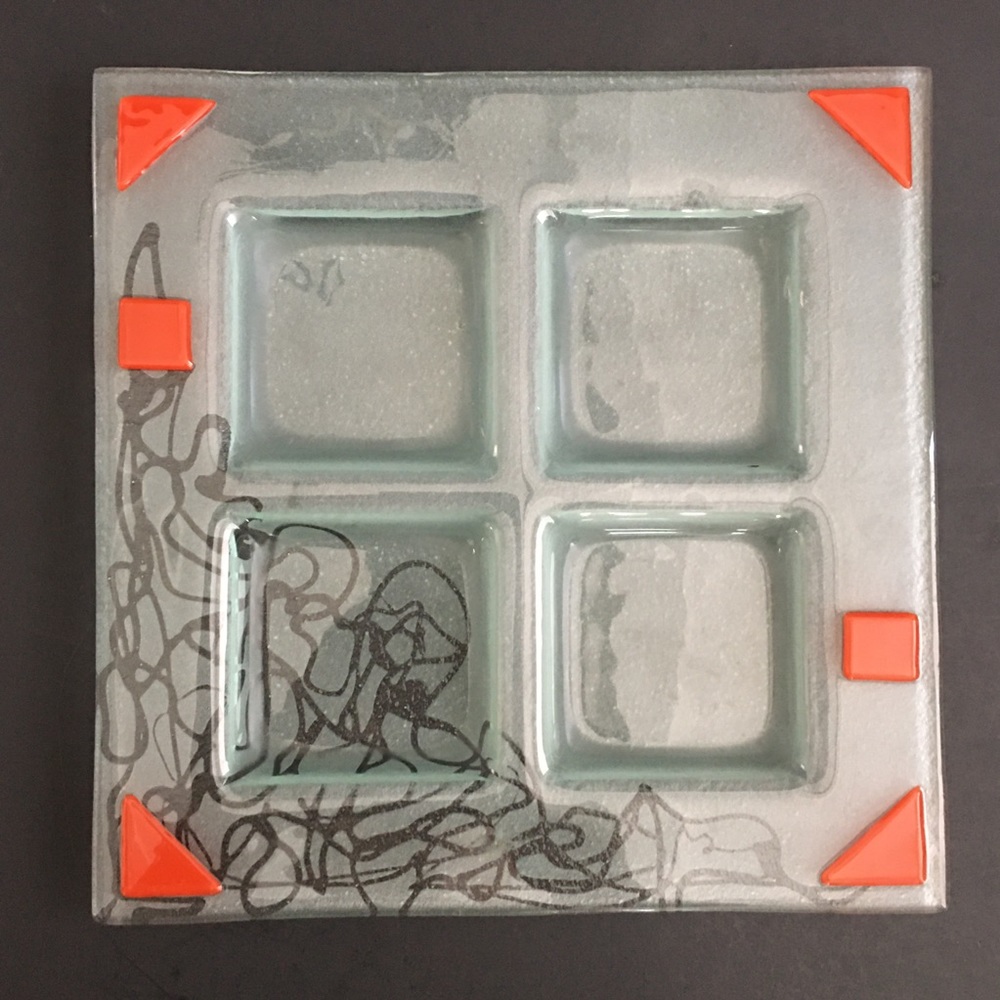 Divided Glass Serving Dish Fused Glass Art Glass 10” Square Scribble Design